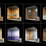 3d model of elevator interiors with different panel configurations and materials